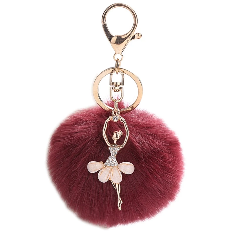 Брелок для ключей с помпоном из искусственного меха, плюшевый шарик с блестящими стразами, подвеска в виде танцовщицы балета, шарм, сумка, ювелирный брелок