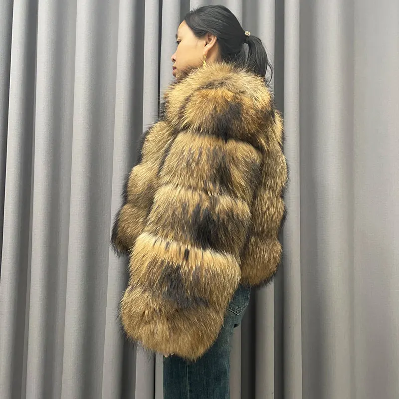 Winter Women's Warm Real Fur Coat Short Casual Long Sleeve Natural Color Raccoon Fur Coat_voghion.com