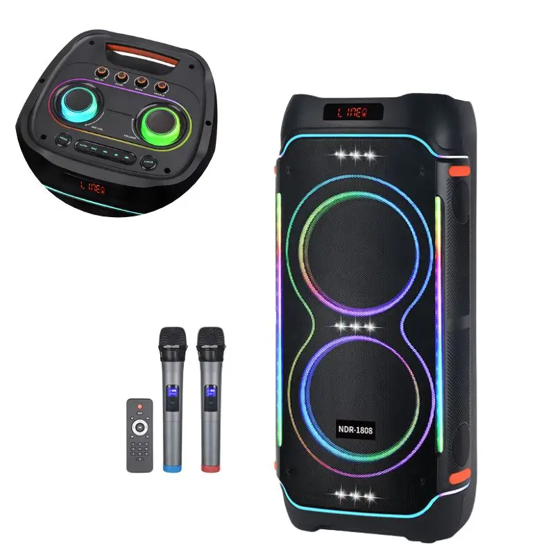 NDR1808 8 Inch Big Power Wireless Blue-tooth Outdoor Karaoke Speaker with 2 Mic RGB Light Stereo Bass HIFI Music Party Speaker