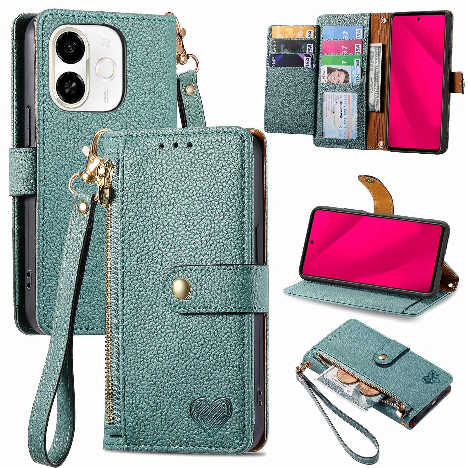 Heart Design Multi-function Wallet Case Pouch for Tecno Spark 30C