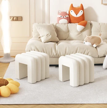Modern Square Stool Fabric Boucle Decorative Ottoman Simple Rectangle Teddy Tool for Bedroom