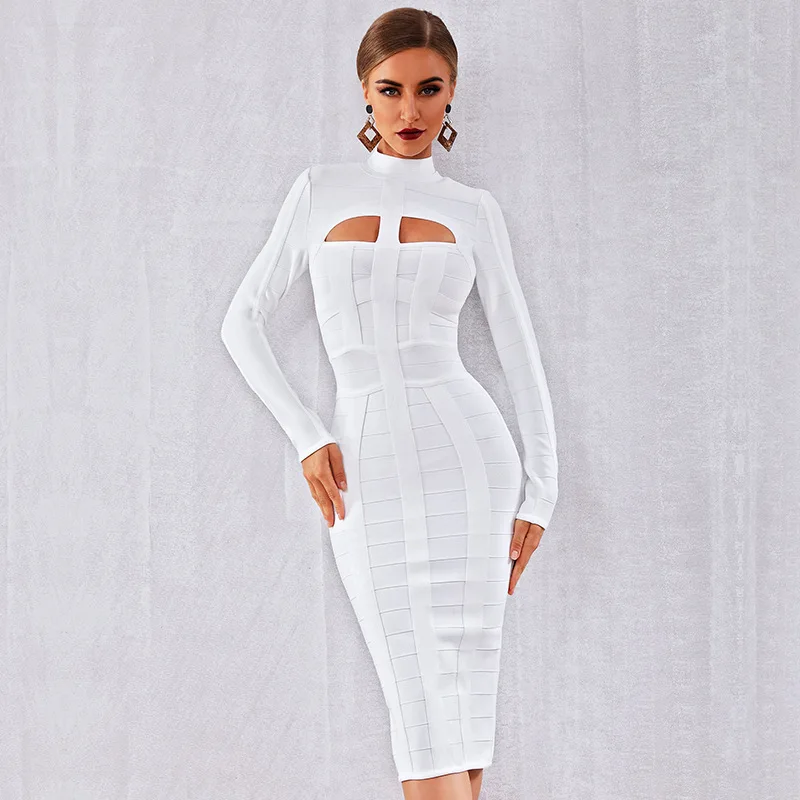 Hot Sale Party Dress White Long Sleeve Bodycon Sexy Zipped Dew Chest Night  Dress for Woman Club