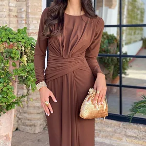 Winter Long and Elegant Pleated Dress Long Sleeve Draped Women Maxi Skirt