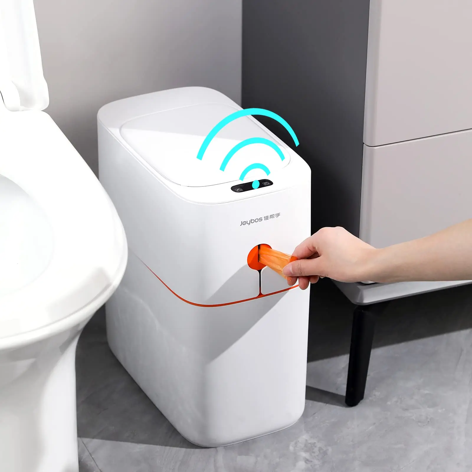 JOYBOS Smart Induction Trash Can IPX5 Waterproof Automatic Motion Sensor Trash Can for Bathroom Bedroom Home Office Odorless