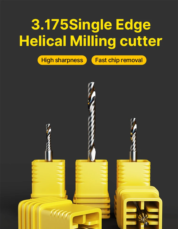 HUHAO 1/8 Shank Single Flute Spiral Tungsten Milling Cutter One Flute Up Cut Engraving Drill Router Bit for Acrylic PCB PVC Wood