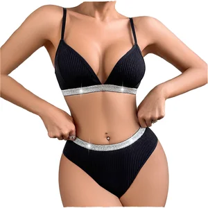 New Shiny Crocheted Bralette Lingerie Women XL Ribbed Seamless Two-Piece Set High Elastic Adjustable Straps Panty Bra Suit