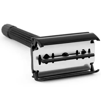 Matte Black Butterfly Open Double Edge Shave Brass Safety Razor with 5 Razor Blades
