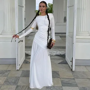 Slim Fit Pleated Long Dress for Women Long Sleeved Knitted Casual Dress with Mesh Wholesale