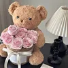 pink 11 roses flower pot teddy bear)