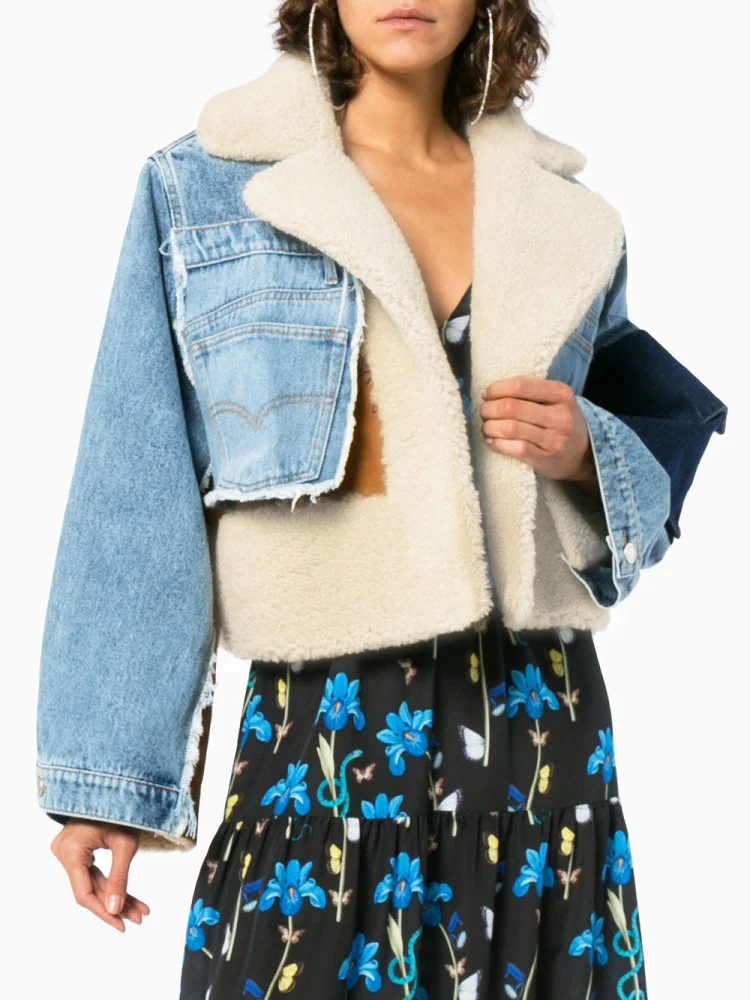 Fashion Cashmere Denim Splicing Coat 