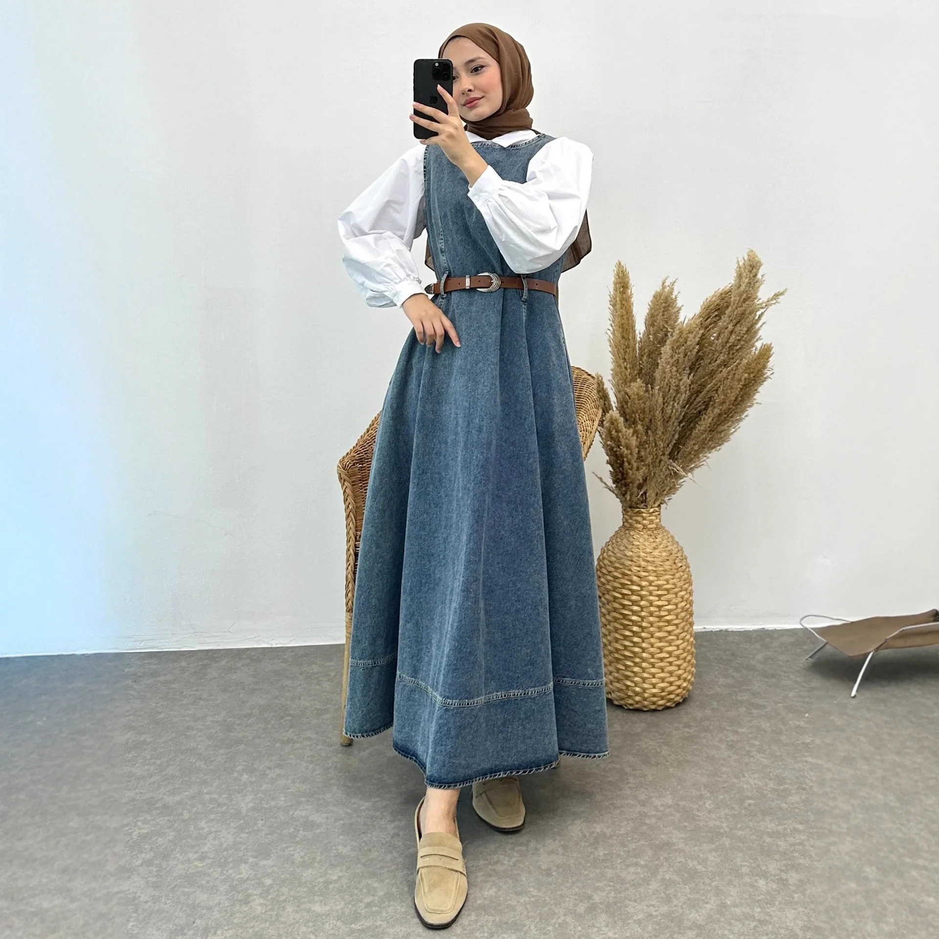 Denim Blue Long Sleeveless Women's Muslim Jalabiya Middle East Maxi Jean  Dress Islamic Abaya with Slimming Belt for Eid Ramadan