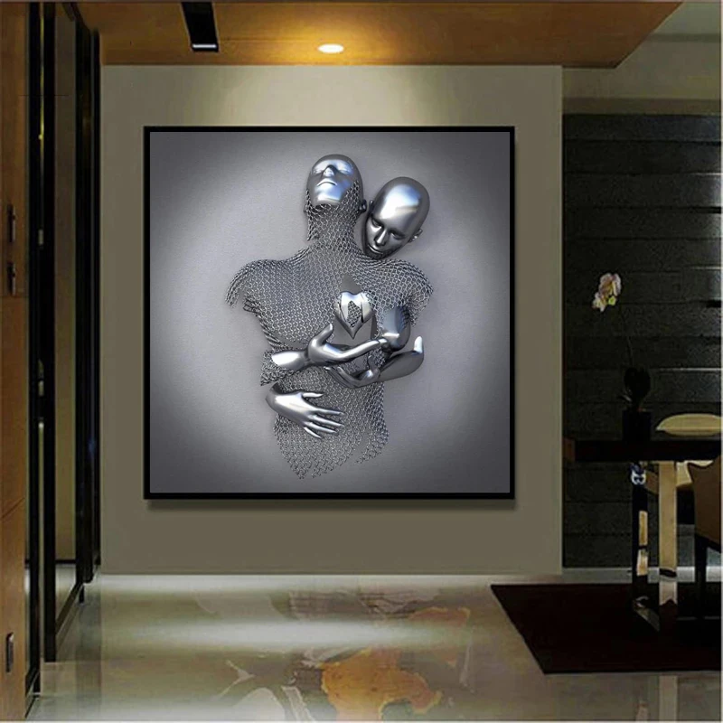 Abstract Metal and Sliver Figure Statue Canvas Paintings Modern Romantic Sculpture Poster Prints Wall Picture for Living Decor