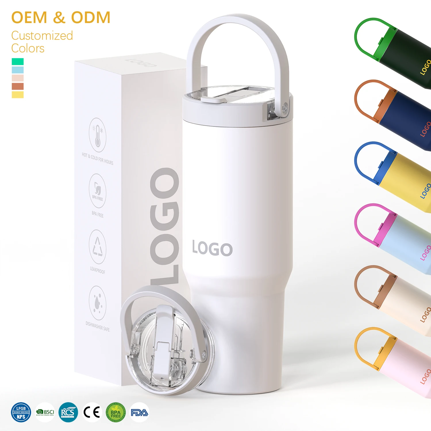 Custom 20oz 32oz 40oz Tumbler with Handle Insulated Cup with Flip Straw Lid Stainless Steel Travel Mug With Handle Hot and Cold details