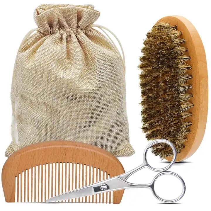 Private Label Mens Eco Friendly Beard Brush Comb Scissors Kit Wood