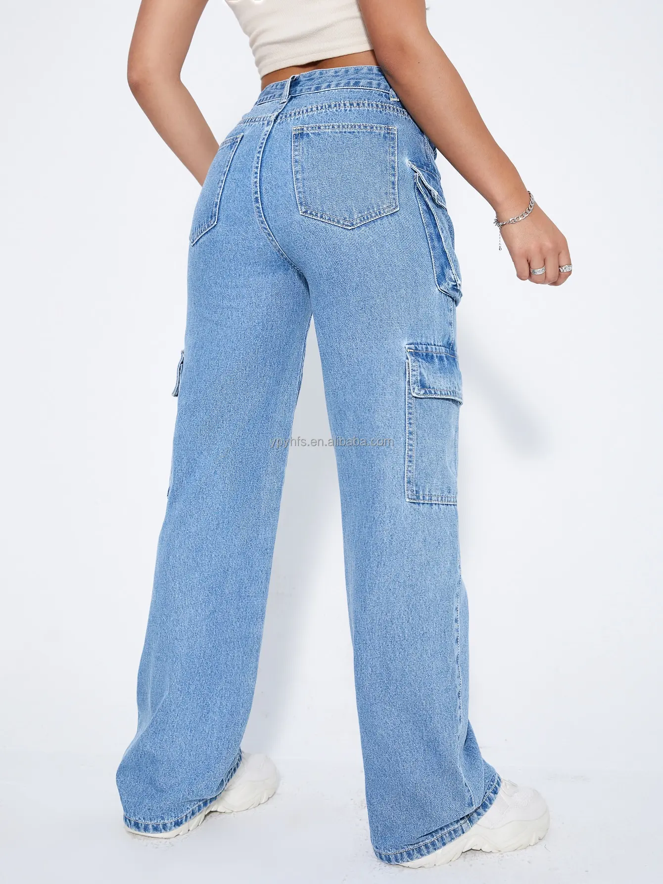Wholesale High Waist Big Pocket Denim Cargo Pants Jeans Women Pocket ...