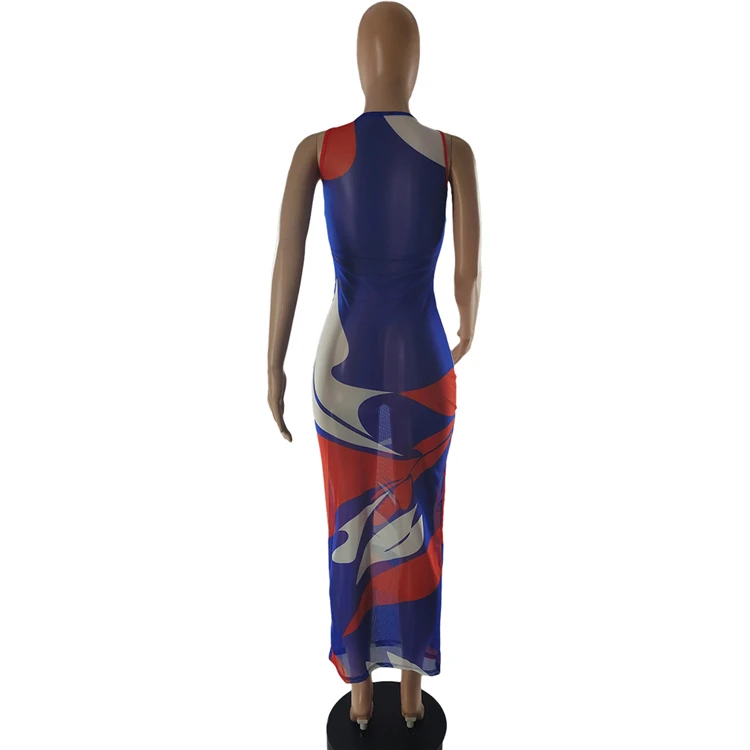 S956-hot sales 2021 sleeveless printed see through mesh dress stylish sexy dress