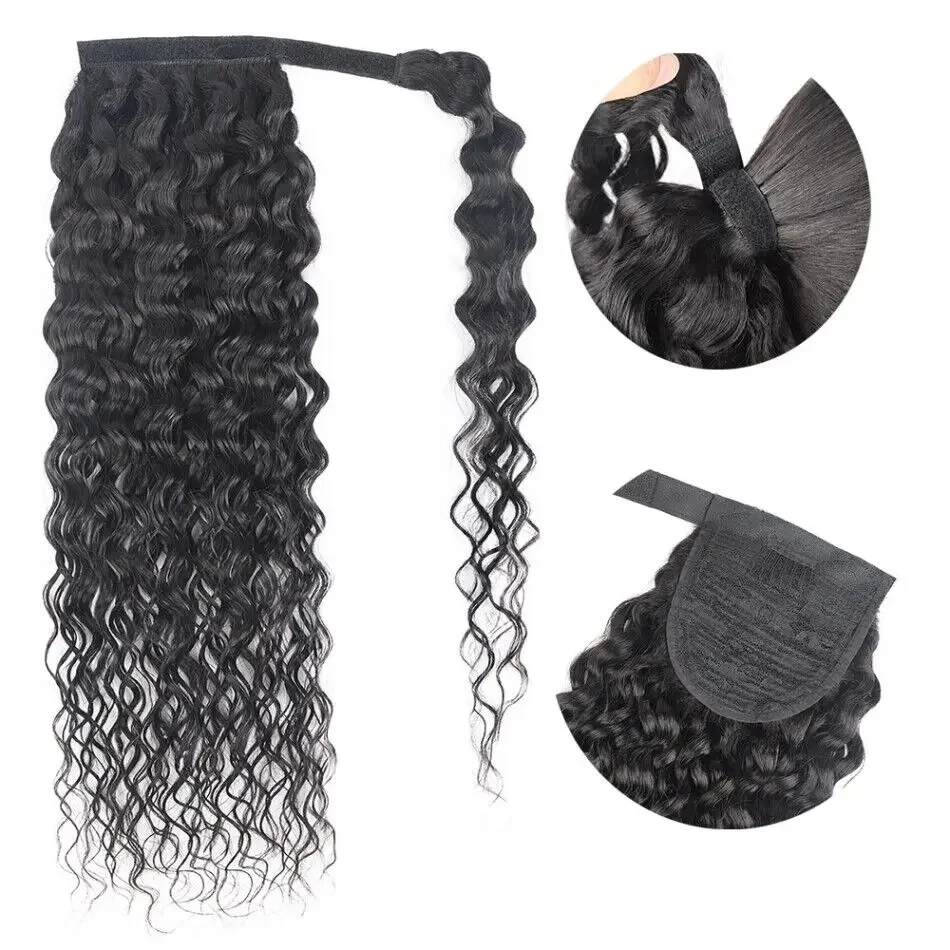 Extensión de coleta pelo humano ondulado con clip para mujer_voghion.com