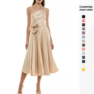 Summer New Elegant Bridesmaid Satin Strappy Evenving Dresses Gown Women's Asymmetric Rosette Sleeveless Midi Dress