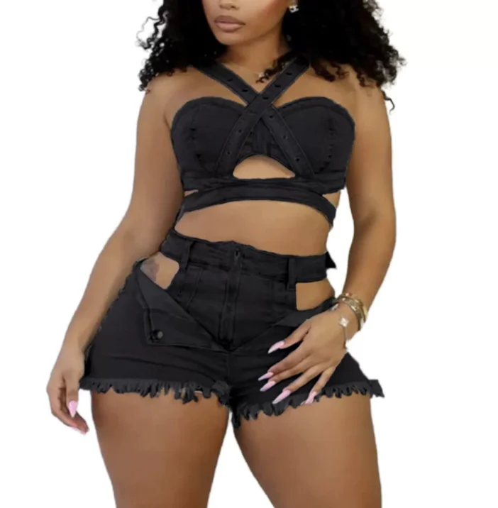 Peeqi MZ88637 Summer Women Clothing Crop Denim Top and Shorts 2