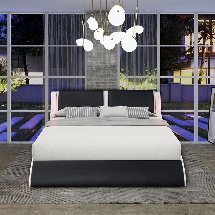 Willsoon Modern Curve Double Upholstered Bed Wooden Faux Leather with LED Headboard Soft and One Package for Home