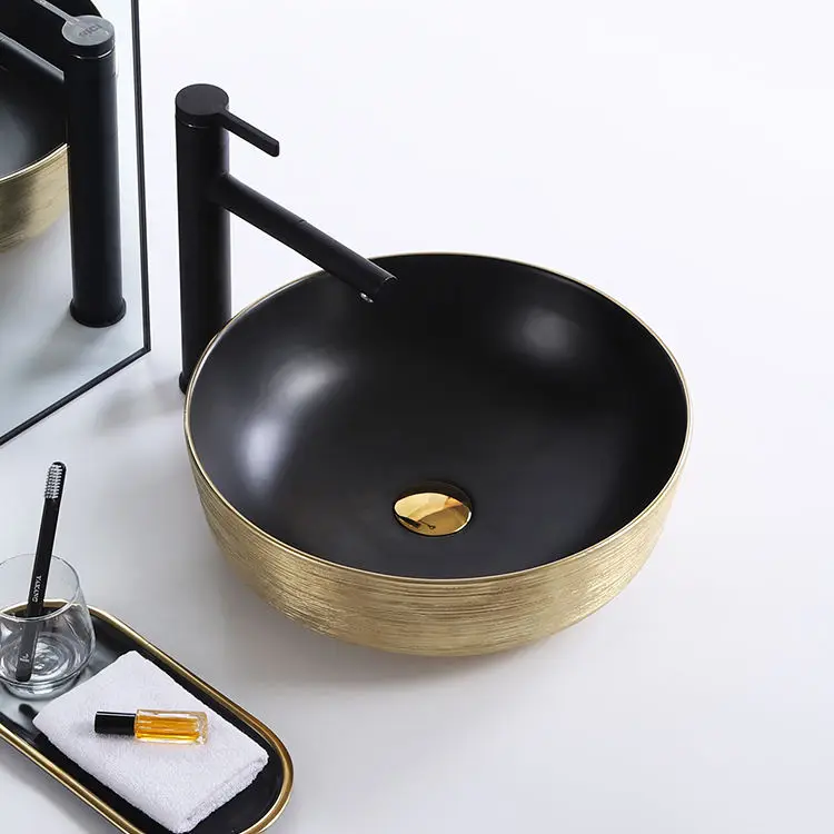 Hotel luxury sanitary ware round gold black counter top basin ceramic sink bathroom wash hand basin