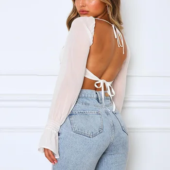 Fashion Summer Clothes Elegant Sexy Plain White Crop Top For Women Blouse Tops Long Sleeves Women Chiffon Blouse Open Back Top