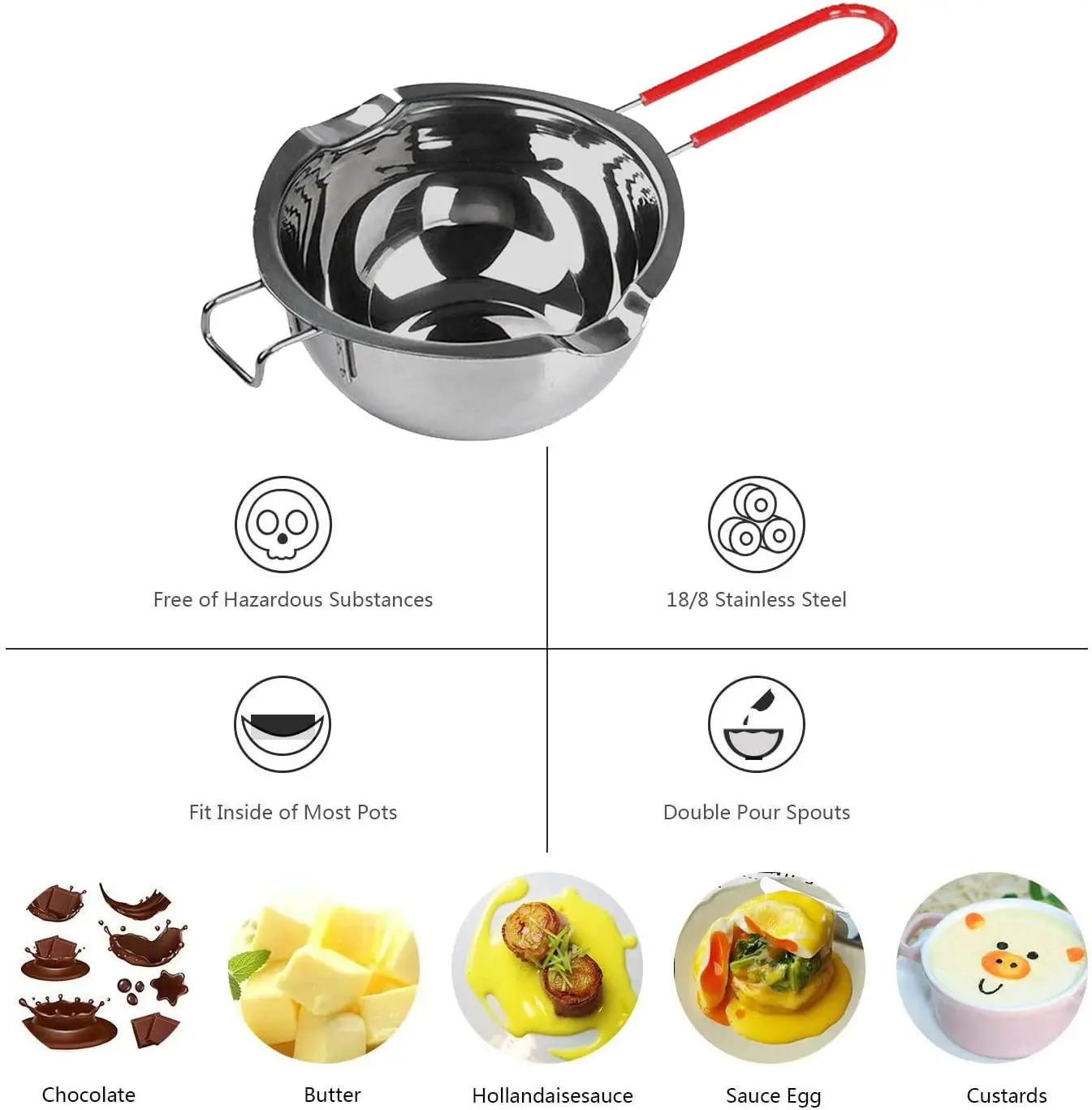 600ml Stainless Steel Double Boiler Pot Heat Resistant Silicone Handle 