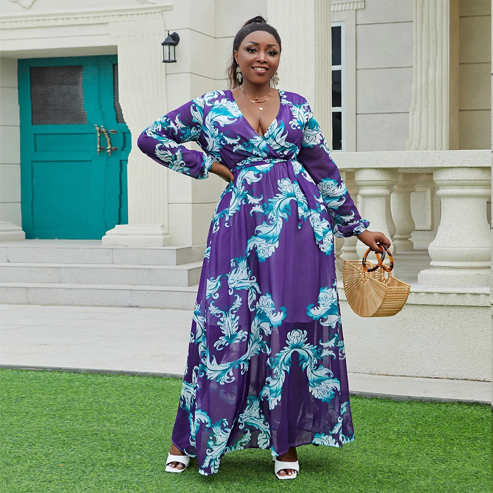 Plus Size Maxi Dress - Chiffon Deep V-Neck Printed Loose