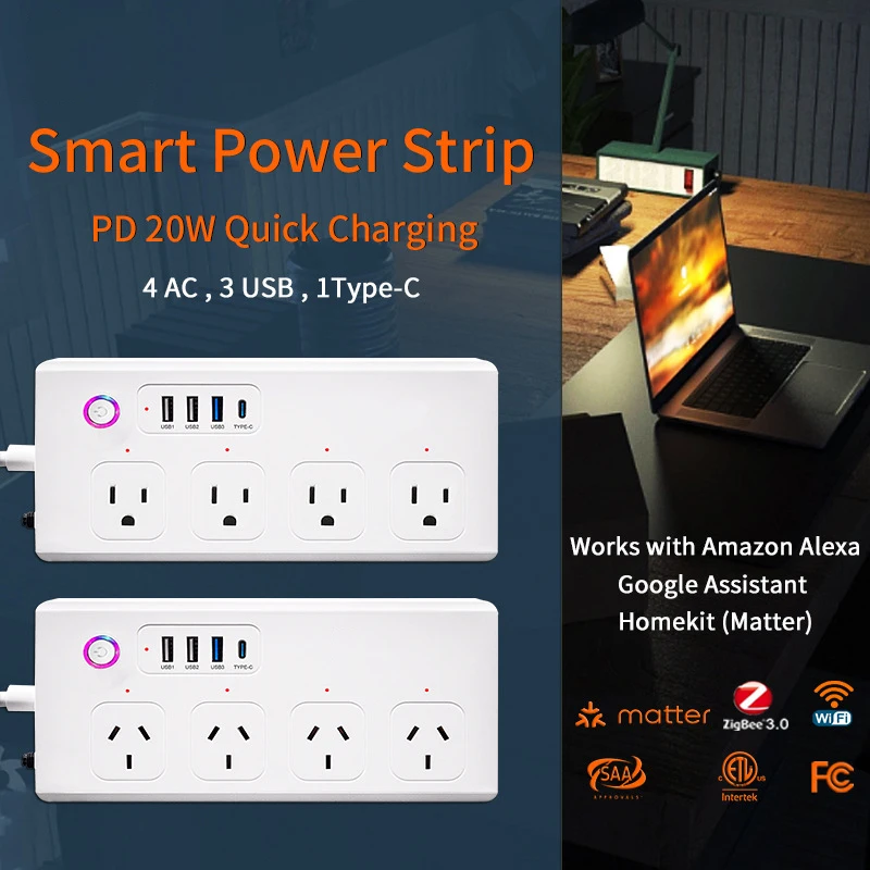 Pd20w Tuya Smart Extension Sockets With Usb Type C Led Strip Light Power Supply Fast Charger