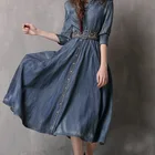 Dress 2022 Spring Embroidered Belt Waist Irregular Denim Skirt New Mid-sleeve Retro Long Jean Dress Denim For Women