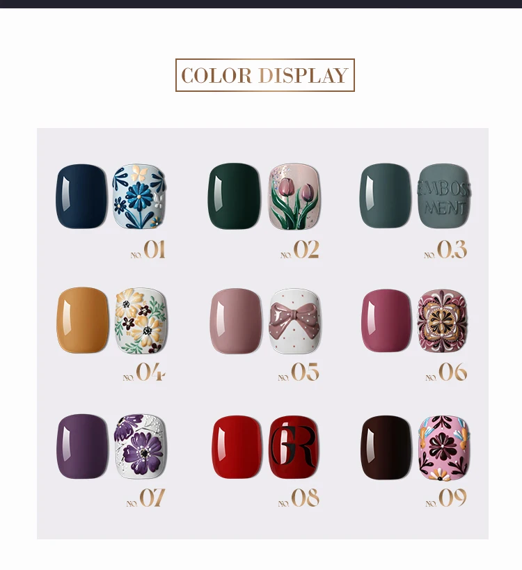 Gulauri Long Lasting Embossing Luxury Nail Polish Set 9 Colors One