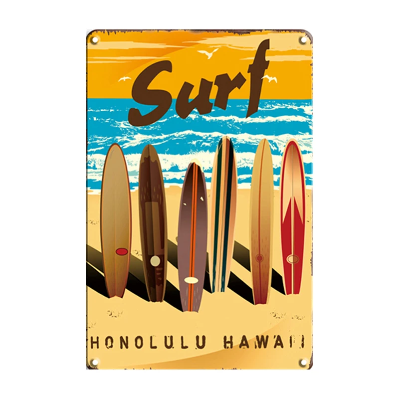 Surf Honolulu Hawaii Tiki Bar Metal Poster Tin Plate Retro Sign Vintage Beach Party Bar Pub Wall Plaque Vacation Surfing