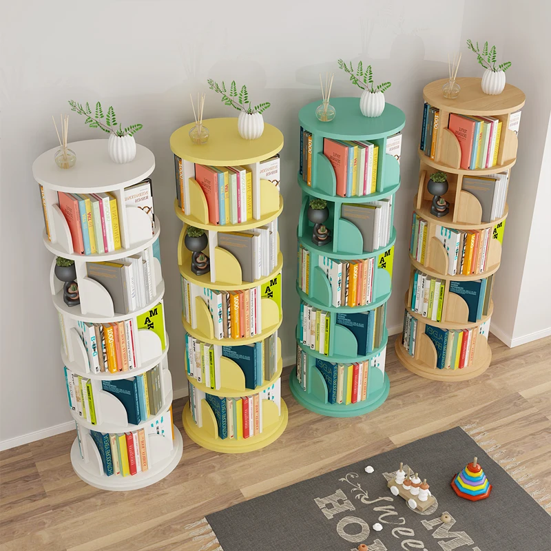 Pine and Walnut Wooden Solid Lacquered Montessori Round Rotatable Reading Nook Scandinavian Unique Diy logo Children Bookcase