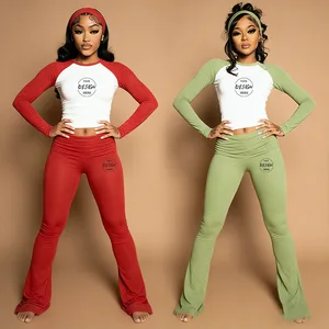 2026 Spring Custom Logo Tracksuits New Women Christmas Fashion Long Sleeve Neck T-shirt Scarf Color Contrast Slim Pants Set