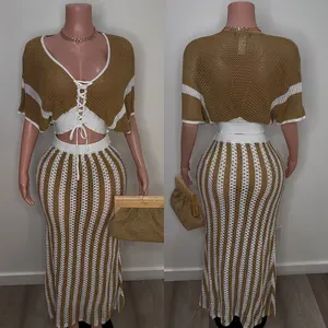 Huili Manufacturer Women's Summer Kinnted Casual Two Piece Crochet Designer Top & Maxi Skirt Dress Custom Loungewear Crochet Set