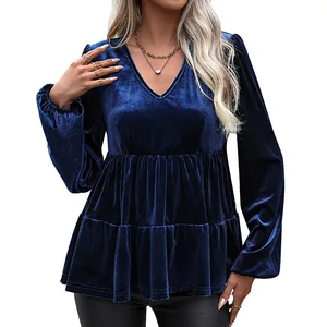 Fashion Design  Hem Puff Sleeve V Neck Dark Blue Velvet Blouse for Women