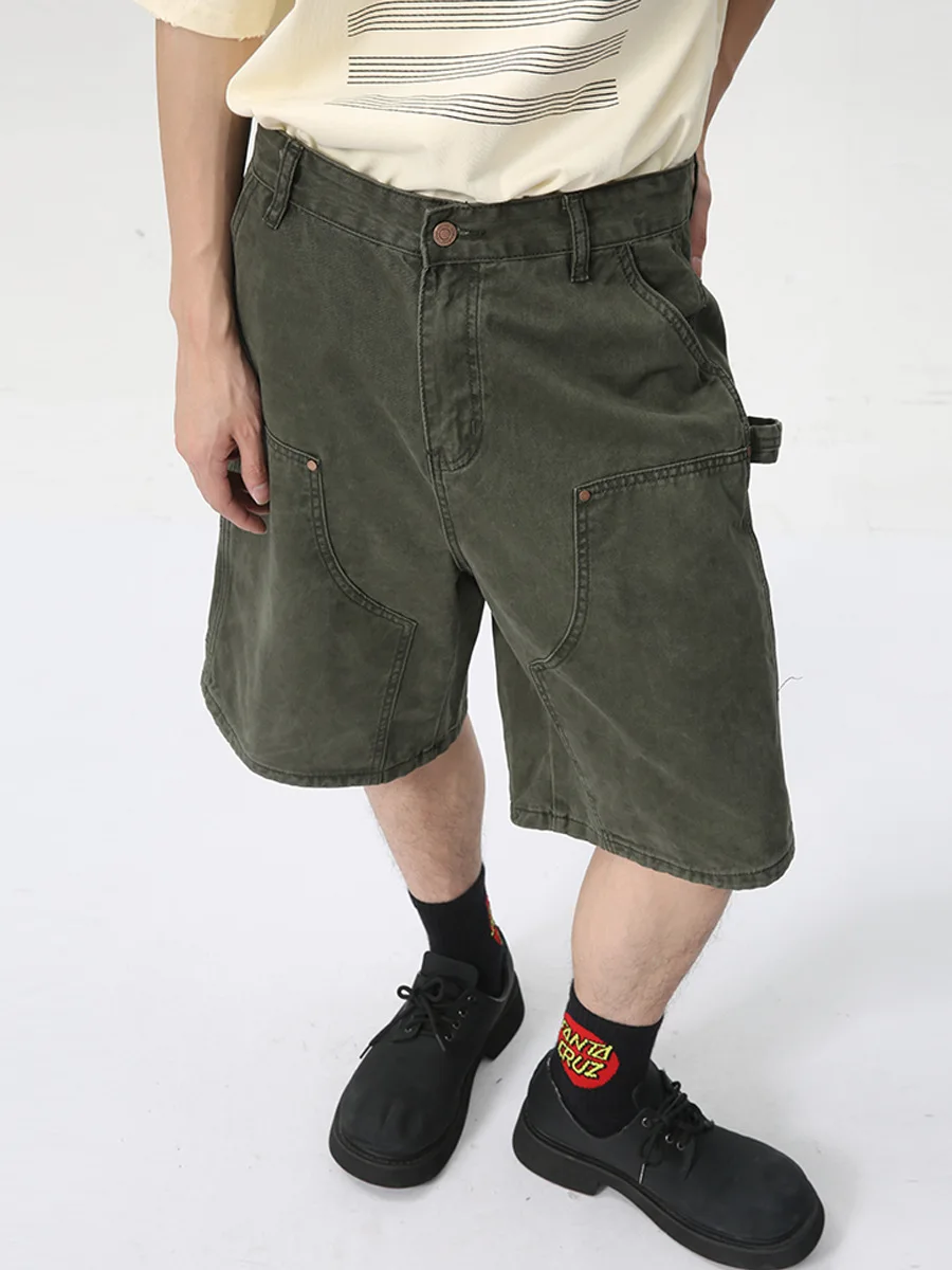Mens Summer Short Green Straight Loose Wide Leg Washed Workwear Carpenter Style Denim Cargo Shorts Baggy Men Jeans_voghion.com