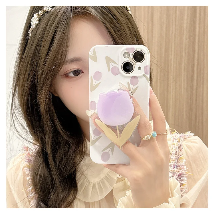 New Arrival Purple Pink Gradient With Tulip Holder Phone Case for IPhone 15 14 13 12 Pro Max