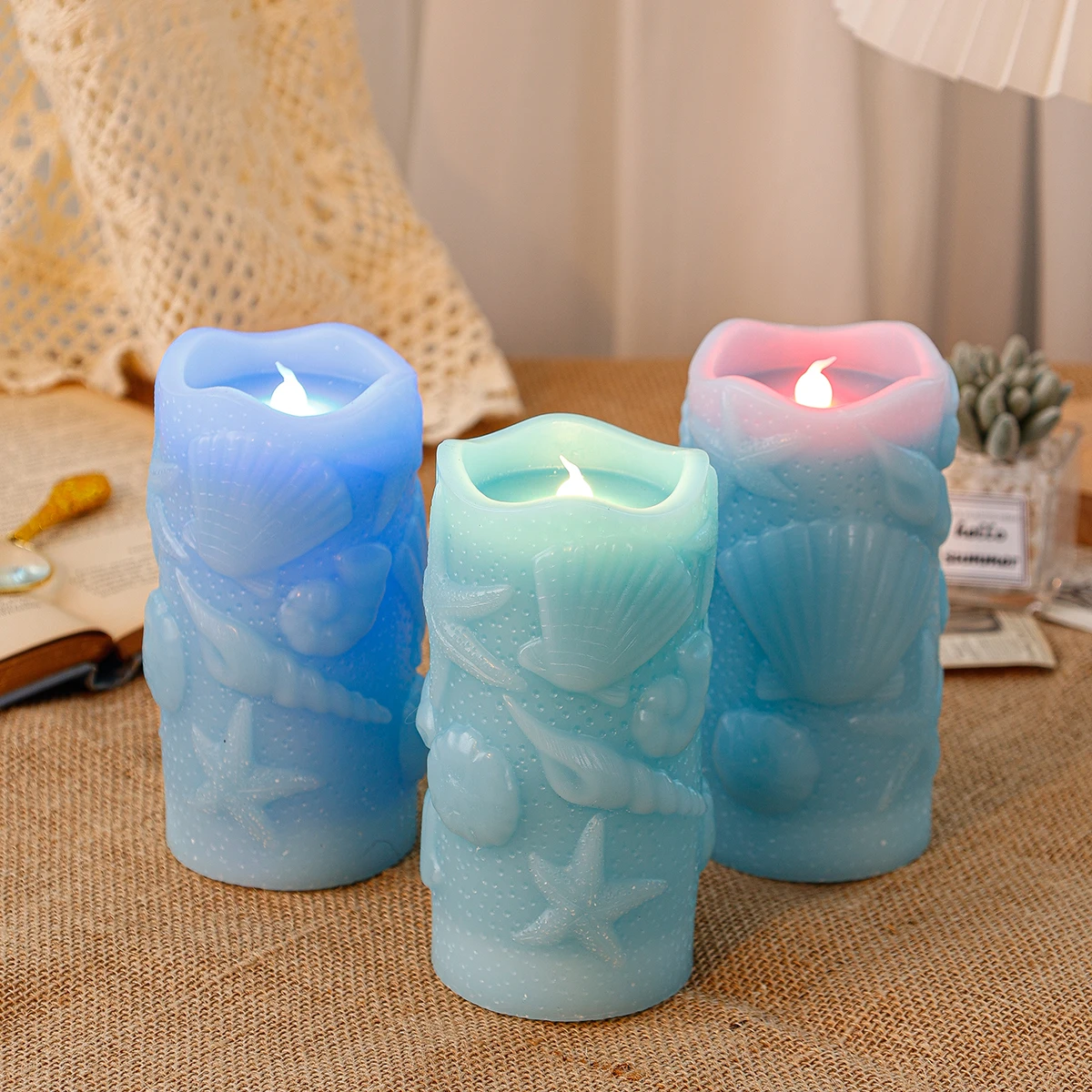 product flameless led candle paraffin ocean style carving shell starfish remote controlled colorful lighting home decoration-31