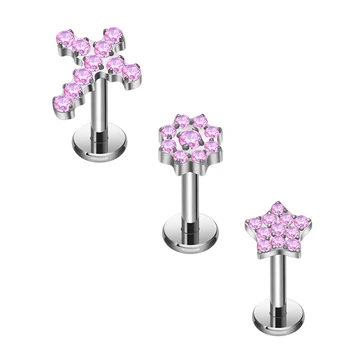 ASTM F136 Titanium Cross Flower Star Shape Push in Nose Stud Pink CZ Inlay Labret Ear Tragus Cartilage Helix  Piercing Jewelry