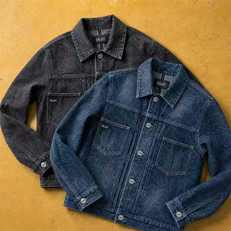 Wholesale Washed Denim Jacket Men All Over Floral Pattern Button Front Pocket Vintage Streetwear Fashion Men Denim Jacket