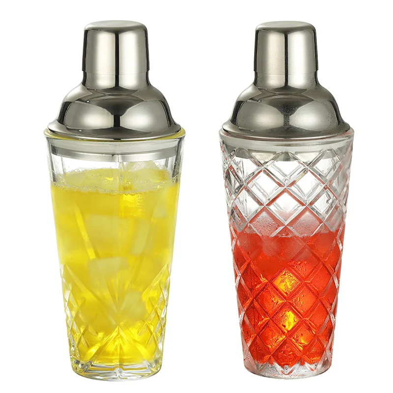 Custom 420ml Cocktail Mixer Rose Gold Stainless Steel 14oz Bar Glass Cocktail Shaker With Leakproof Metallic Steel Lid