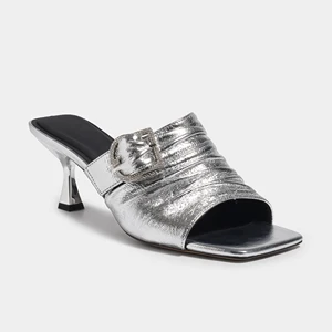 Silver Metallic Sexy Summer Outdoor Heeled Sandals Chic Square Toe Breathable Design Rhinestone Buckle Ruched Detail for Parties