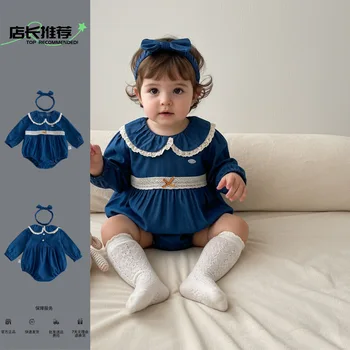 Spring Autumn Infant Baby Girl Cowboy RomperS Lace Trim Denim Jumpsuit Stylish Korean Version Long-Sleeve Infant Clothes
