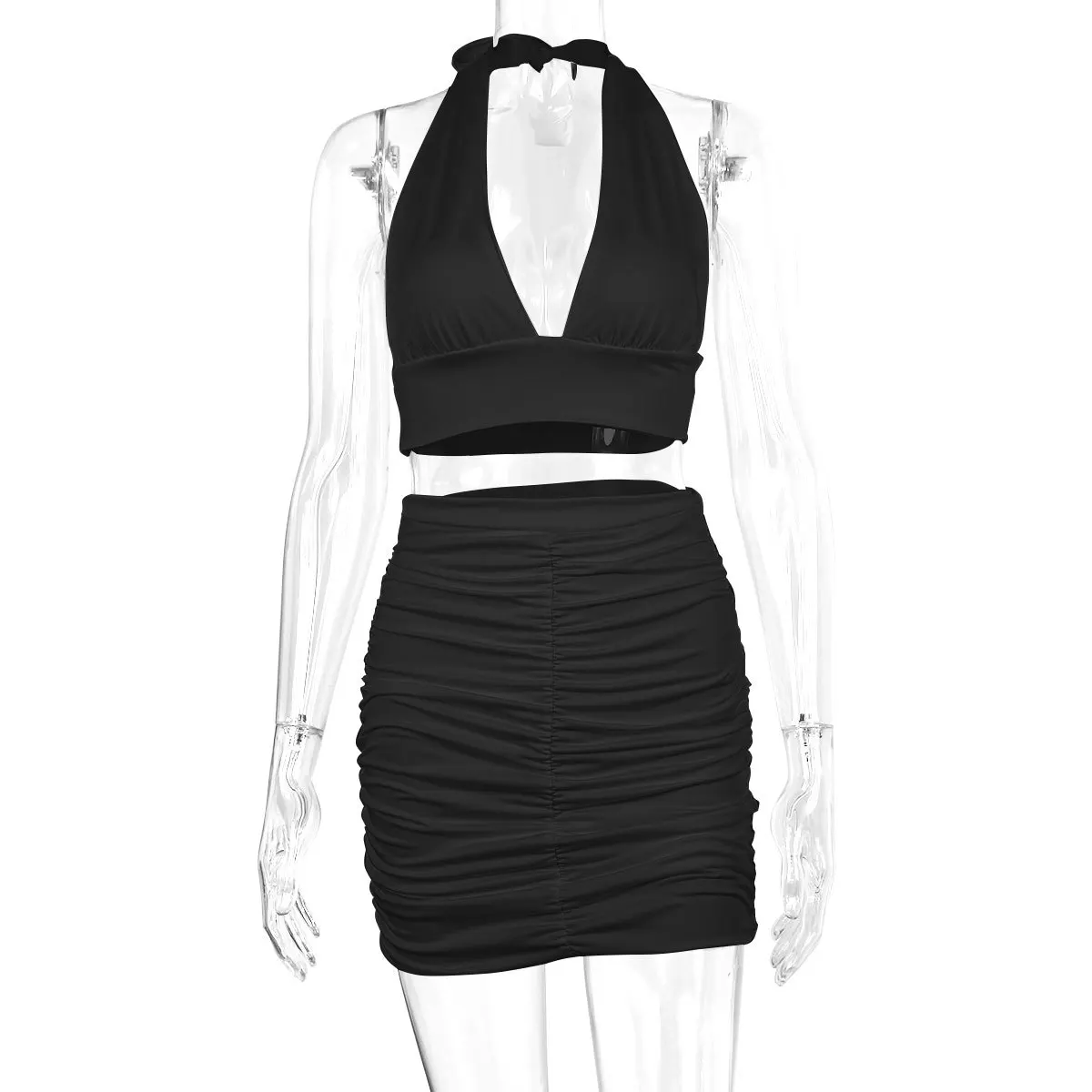 Hot Sale V Neck Backless Women Two Piece Mini Ruched Sexy Wrap Party Club Halter Dresses ...