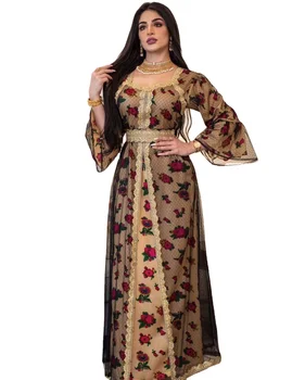 2021 Islamic clothing beautifully embroidered Printed lace mesh Arabic fashionable Muslim abaya worn by Turkish women in Dubai