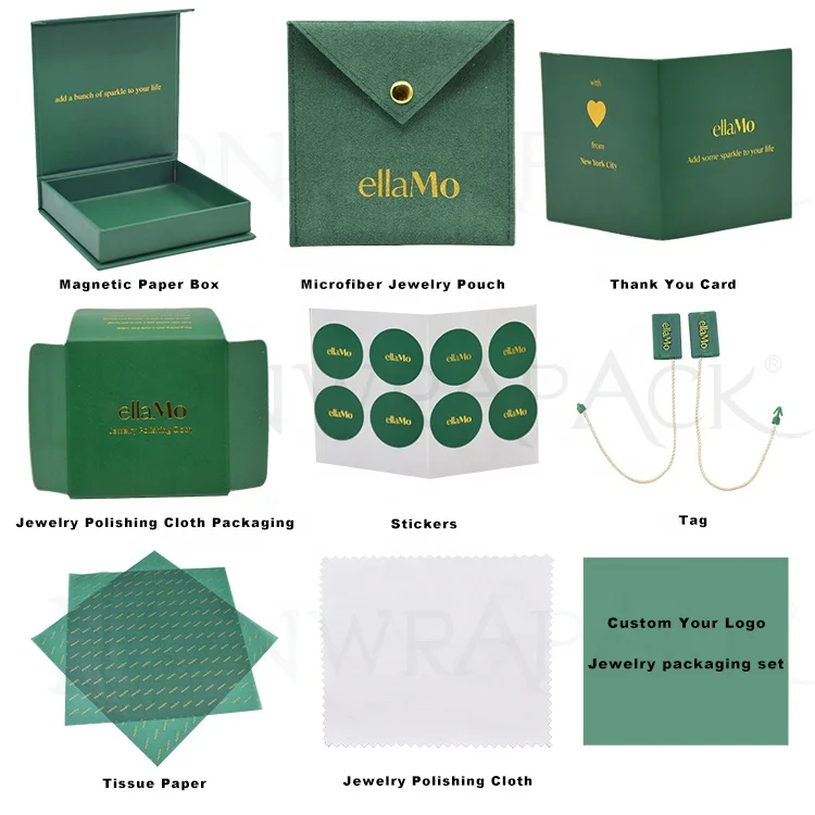Lionwrapack Custom Logo Jewellery Packaging Boxes With Mini Velvet Bracelet Bag and Green Drawer Paper Box Set