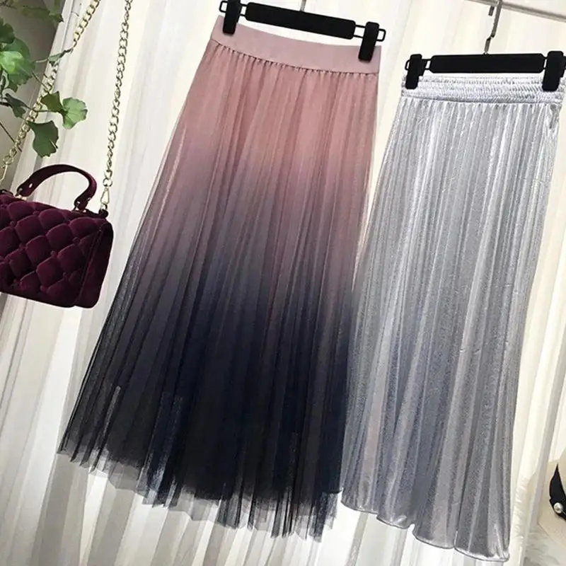 Mesh High Waist Pleated Women's Long Skirt A-line Tulle Gradient Student Women Skirts 2020 Spring Summer Fashion Elegant416_voghion.com
