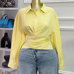 4606 Trendy Spring Turn Down Tops Stripped Printed Street Wear Long Sleeve Unique Cross Blouse Women Casual Unique Shirt