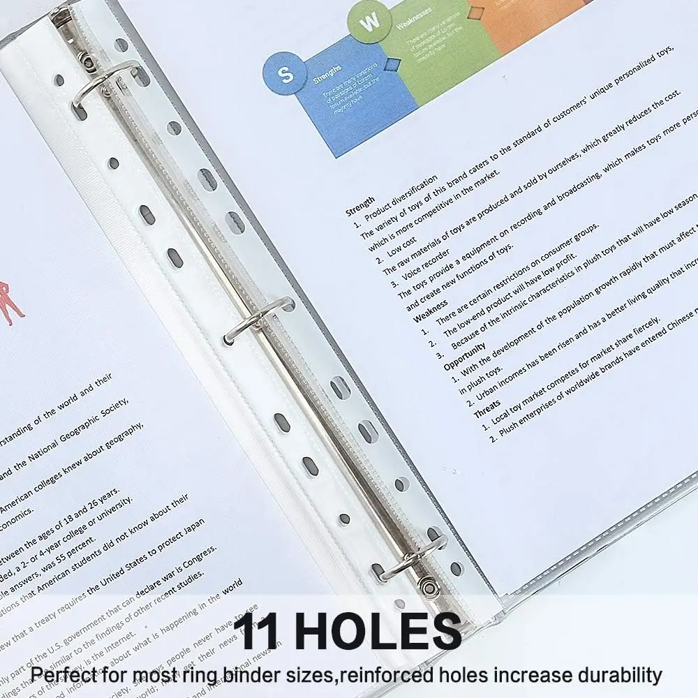 Top Loading Stationery  Reinforced 11-Hole A4 Transparent Plastic Sheet Protector Paper Document Protector for Ring Binders